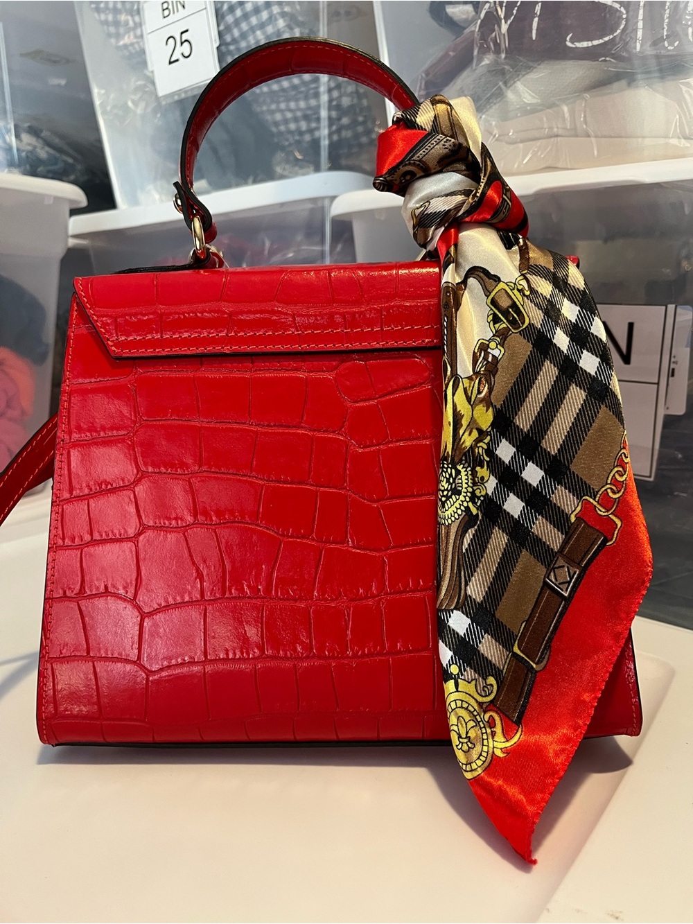 Italian Leather Red Croc-Embossed Top-Handle Satchel with Gold Hardware - Picture 2 of 6